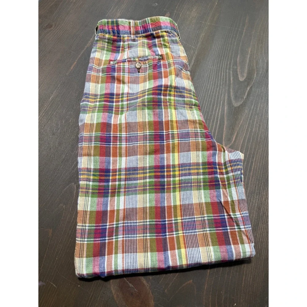Vintage J.Crew‎ Mens 34 Plaid Pleated Cotton Trousers Multi Color Madras Chinos